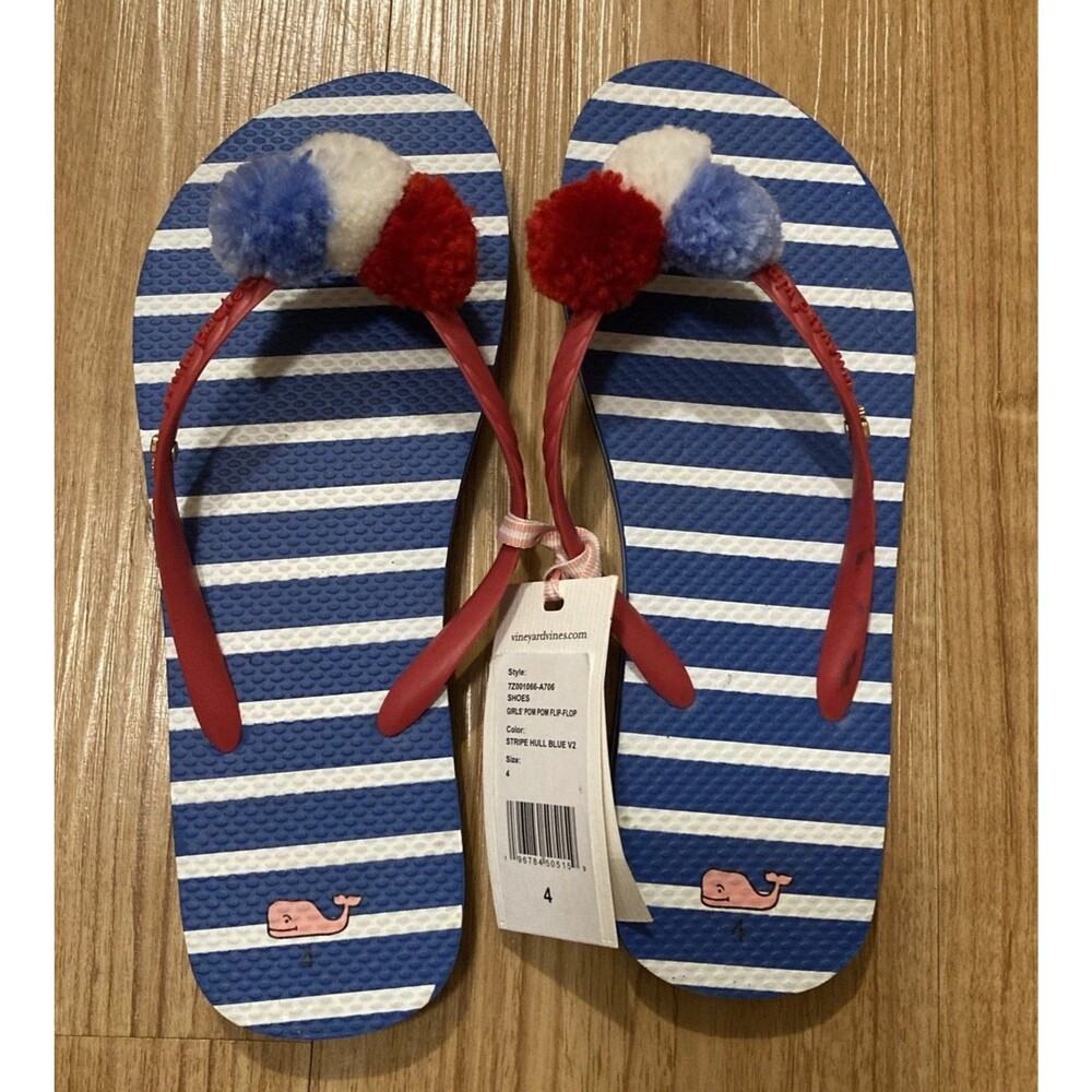 Vineyard Vines Girls 4 Blue Stripe Pom Pom Flip Flop Beach Patriotic Americana